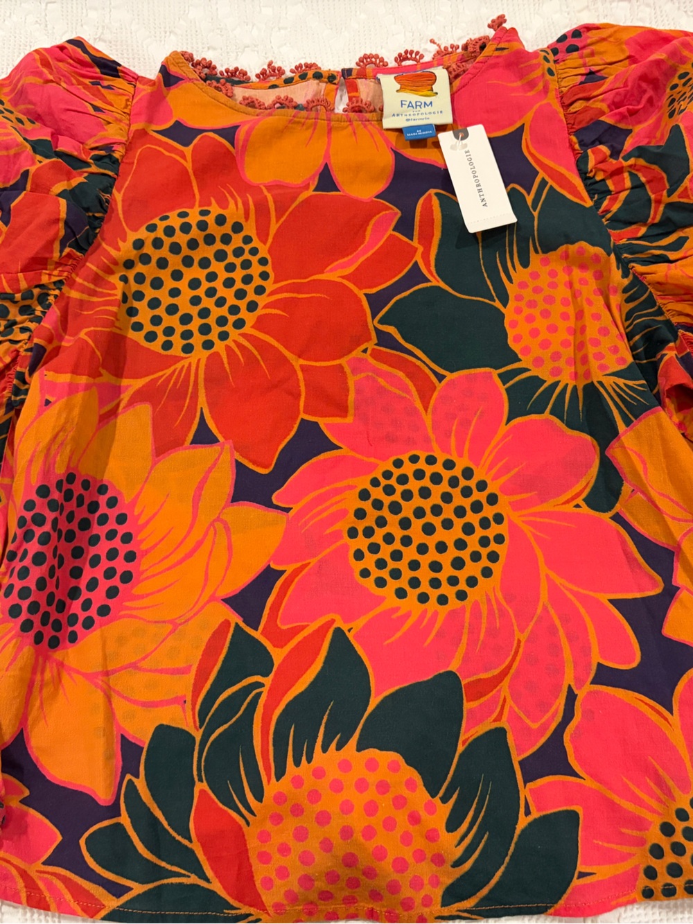 NWT FARM Rio Sunflower Print Puff Sleeves Peasant Blouse